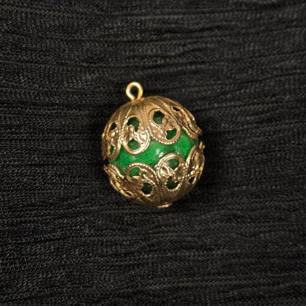 Vintage Green Orb Pendant Gold Tone Filigree Cage Boho Charm